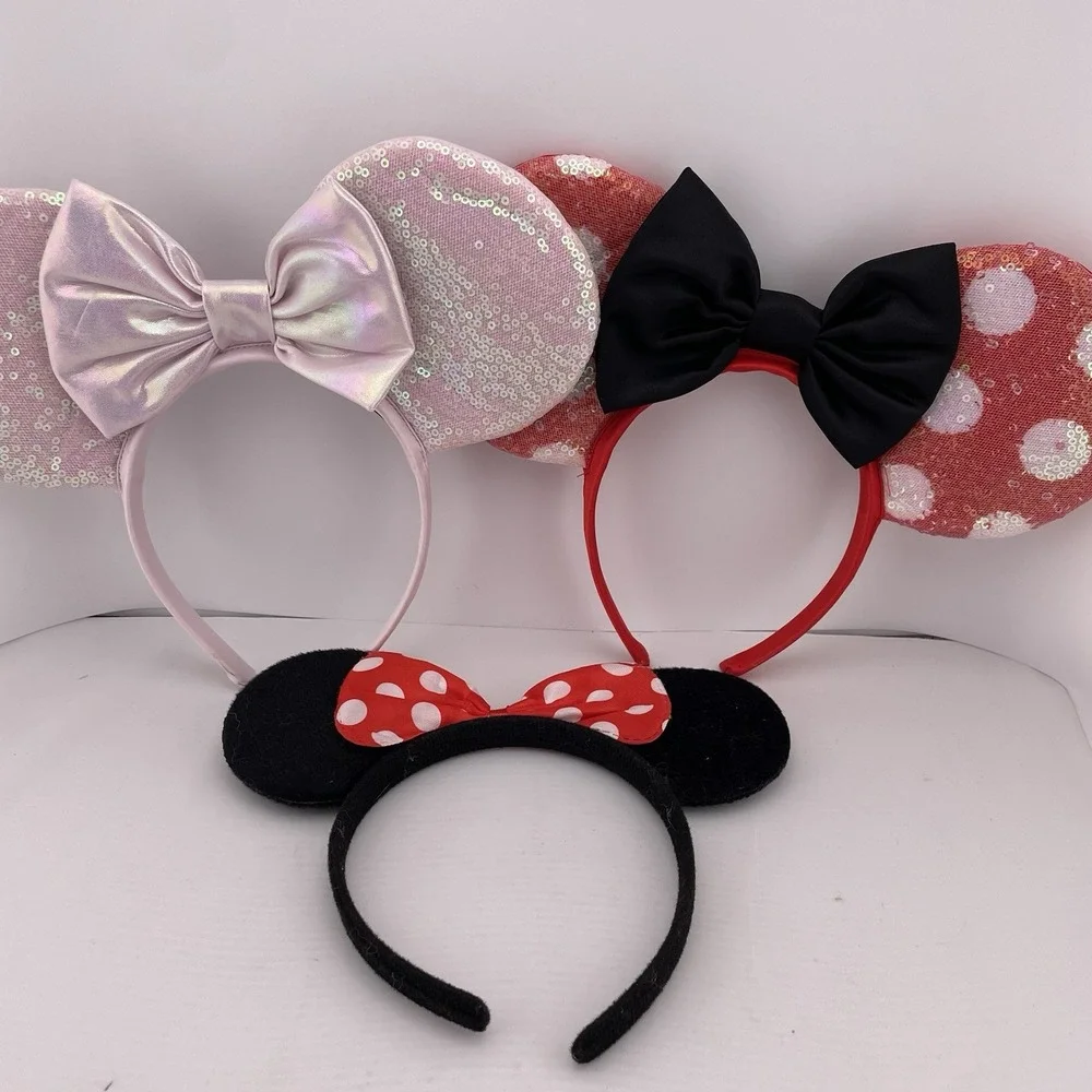Disney Minnie‎ Mouse Ears Headband Sequin Polka Dot Bow Cosplay Costume Set of 3